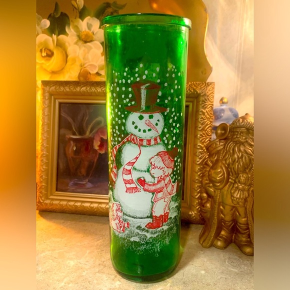 Green Glass Jar For Christmas Candle Boy Building Snowman And Dog Watching 70’s - Picture 1 of 8